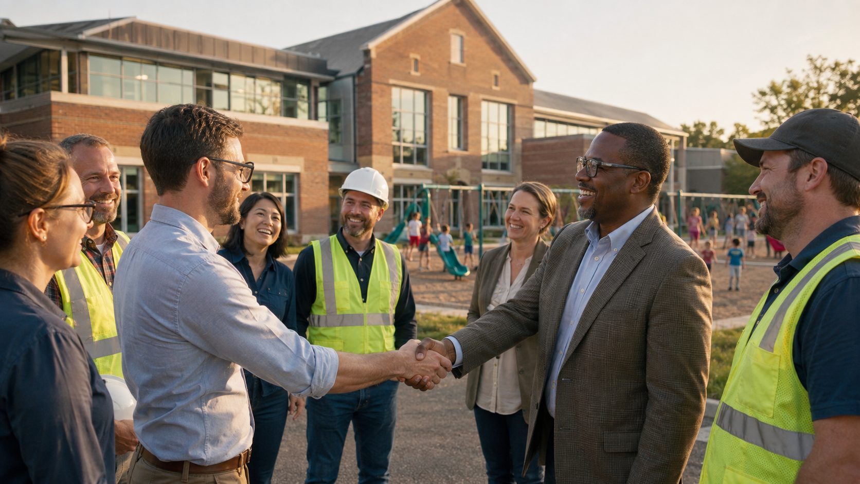An architect shaking hands with the owner's representative on handover day outside a finished elementary school, surrounded by the project team and trades.
